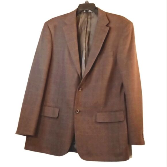 Oscar de la Renta 2 Button Brown Plaid Mens Wool Blazer sz 44L - Picture 1 of 6